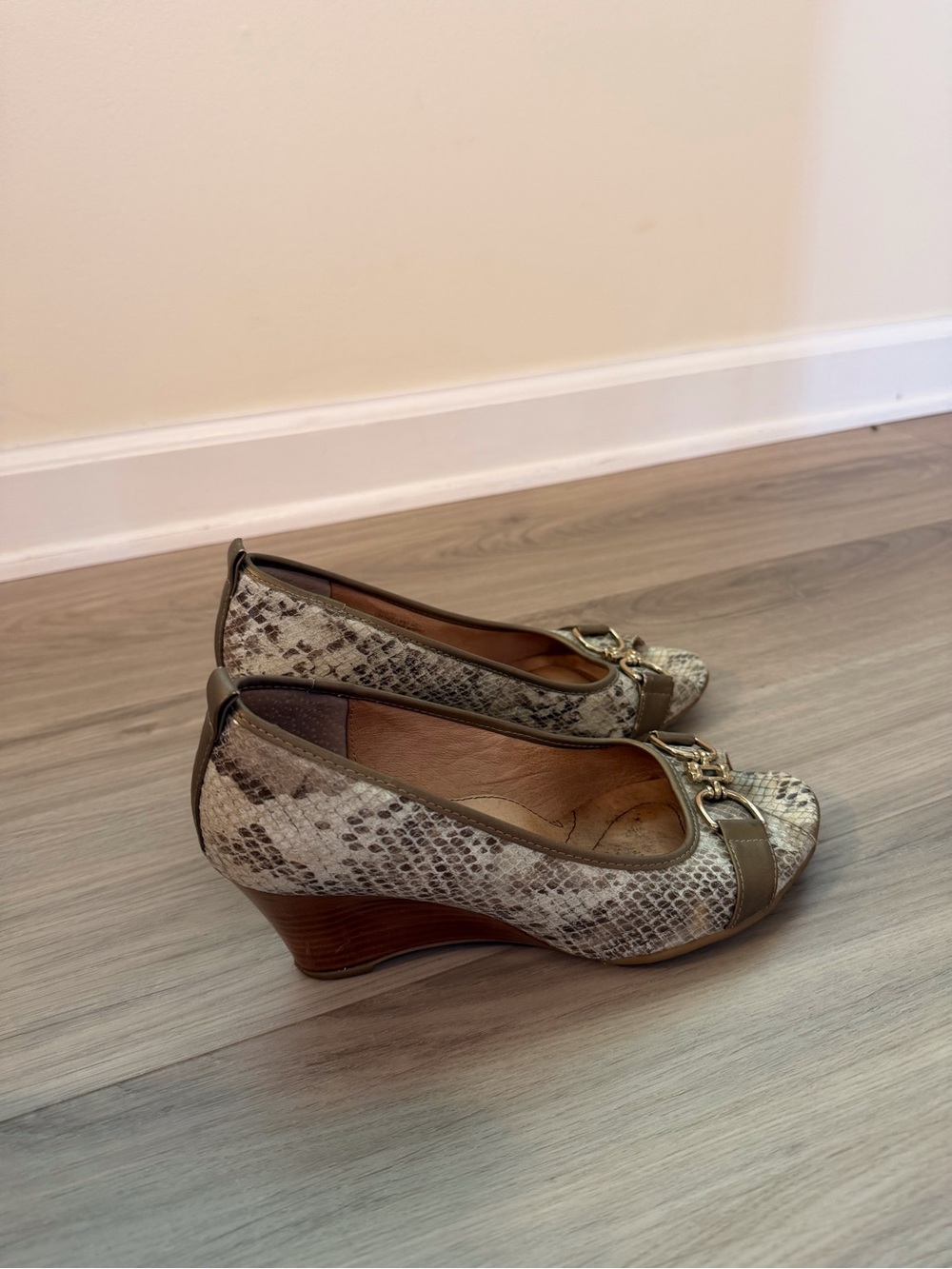 Sofft Taupe Snake-Print Wedge Pumps with Gold Hardware